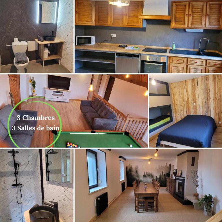 un collage de photos d'une cuisine et d'un salon dans l'établissement Gîte Forêt Vosgienne gitesdes2vallées, à Saint-Maurice-sur-Moselle