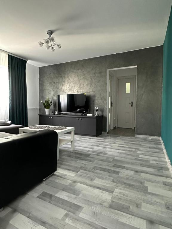 a living room with a couch and a television at Apartament Nina in Bucharest
