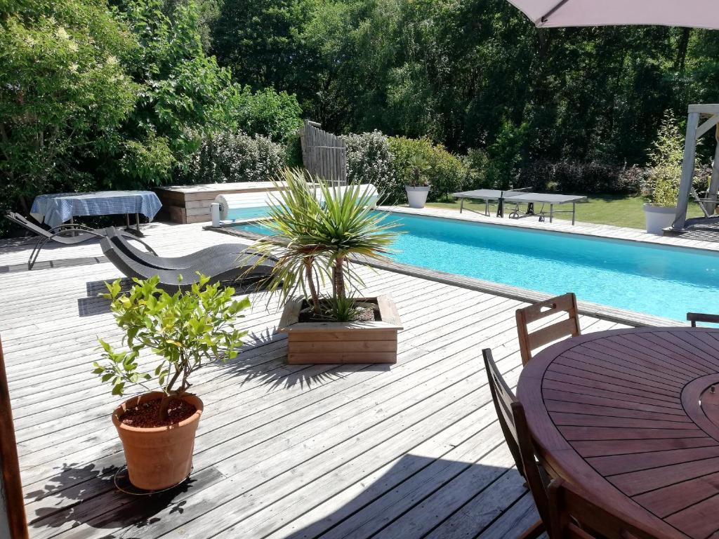 une terrasse en bois avec des plantes en pot à côté d'une piscine dans l'établissement Villa piscine chauffée,5ch ,climatisation, bar extérieur, à Lacanau