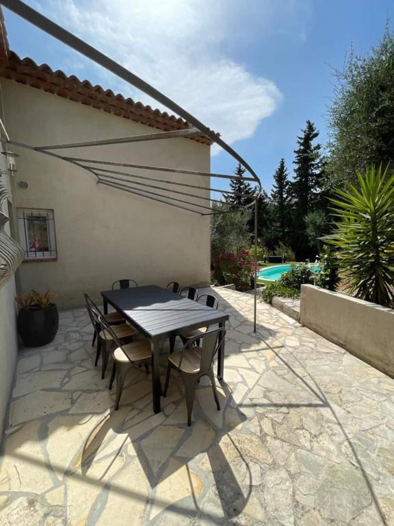 un patio avec une table et des chaises et une piscine dans l'établissement Villa Emery 555, à Châteauneuf