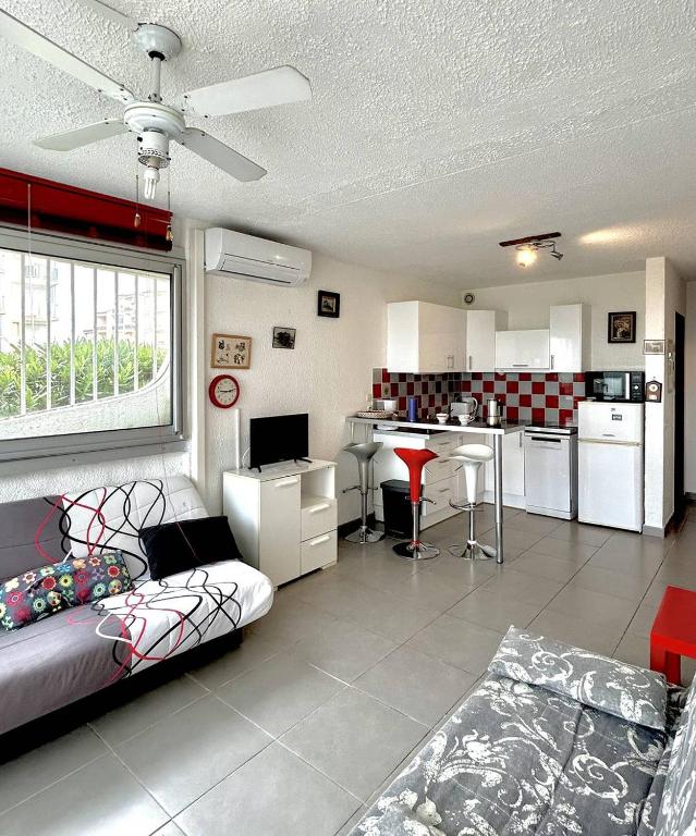 un salon avec un canapé et une cuisine dans l'établissement Agréable studio accès à la plage - parking - 2BALM2, au Barcarès