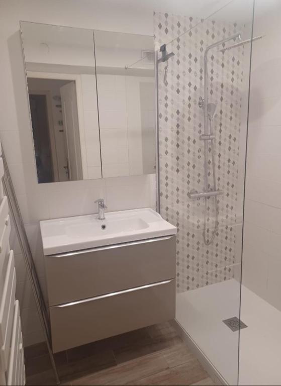 une salle de bain avec un lavabo et une douche dans l'établissement Mer et calme, au Cannet