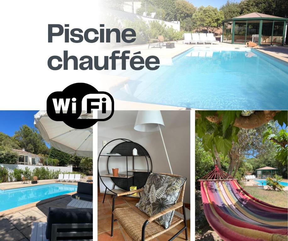 a collage of pictures of a pool and a house at Les Iris Villa Piscine chauffée 6 pers in Moissac-Bellevue