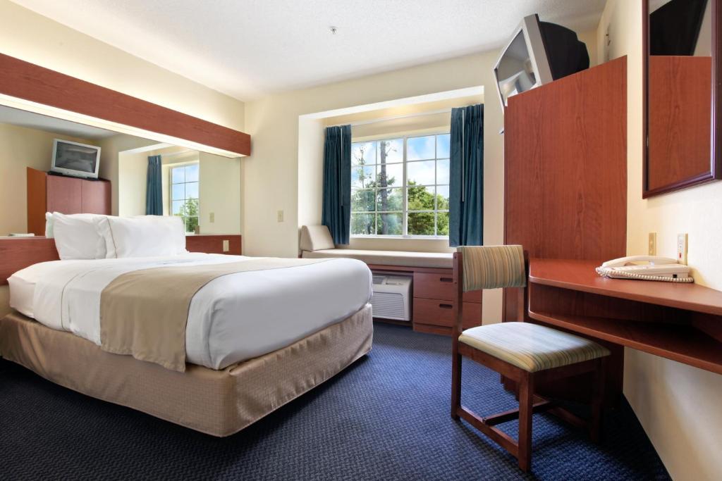 Rincon的住宿－林孔套房酒店，酒店客房设有一张大床和一张书桌。