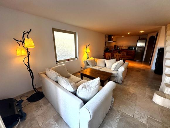 un salon avec deux canapés et une table dans l'établissement maison à la campagne, à Moulès