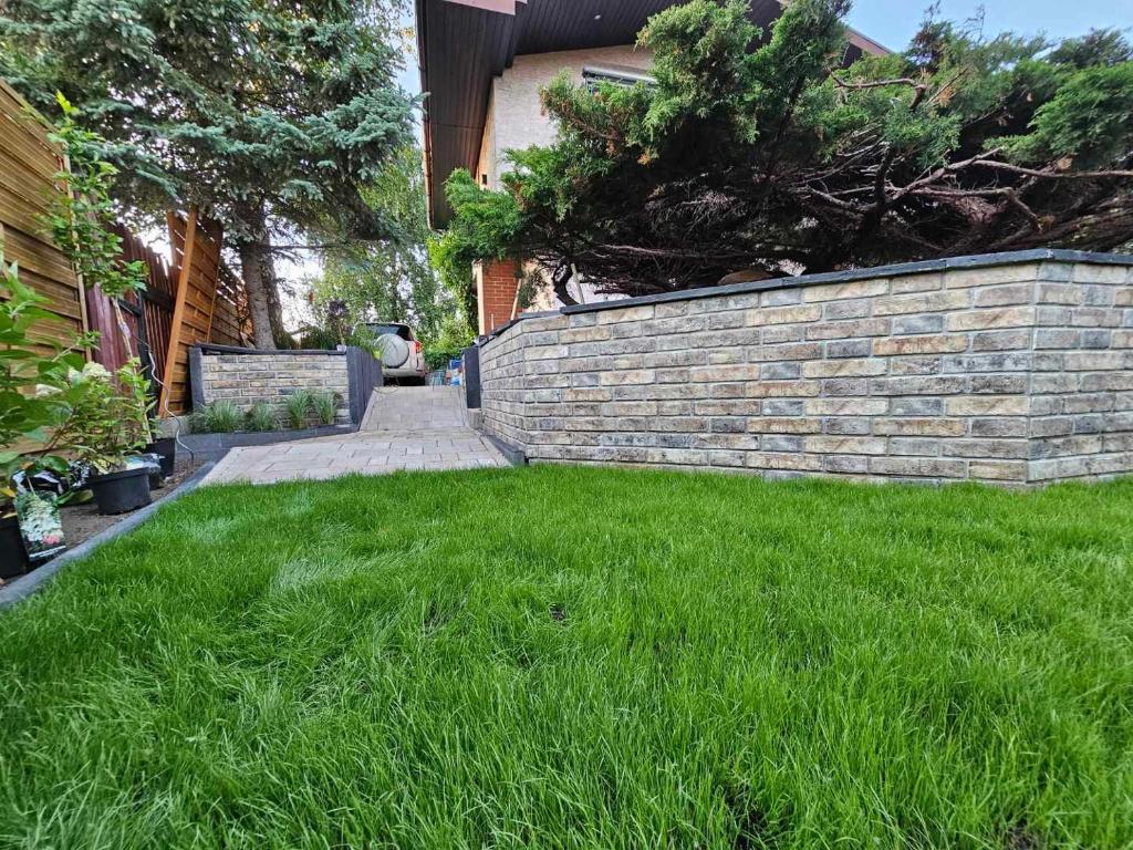 Leśne Apartamenty في هيل: ساحة بها عشب أخضر وجدار من الطوب