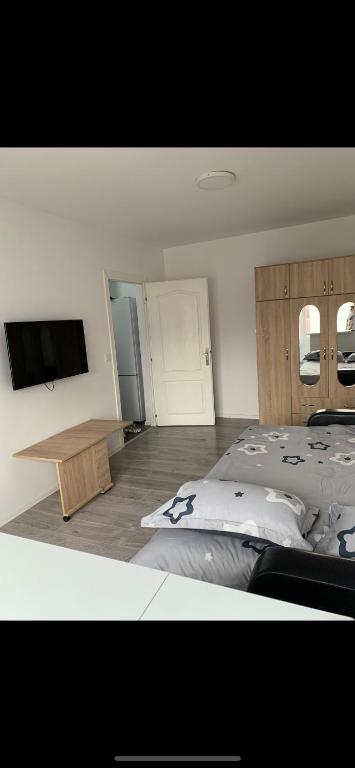 a bedroom with a bed and a flat screen tv at Cazare Bârlad 3 in Bîrlad