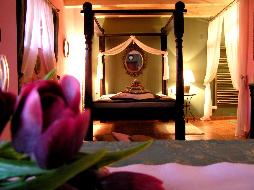 Schlafzimmer mit einem Himmelbett und einem Spiegel in der Unterkunft Apartmány Novákovi U NOVAČKY in Nechanice