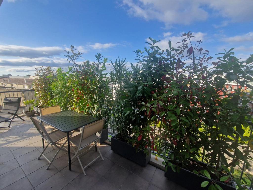 d'une table et de chaises sur un balcon orné de plantes. dans l'établissement 100m2 avec terrasse et garage, à Bordeaux