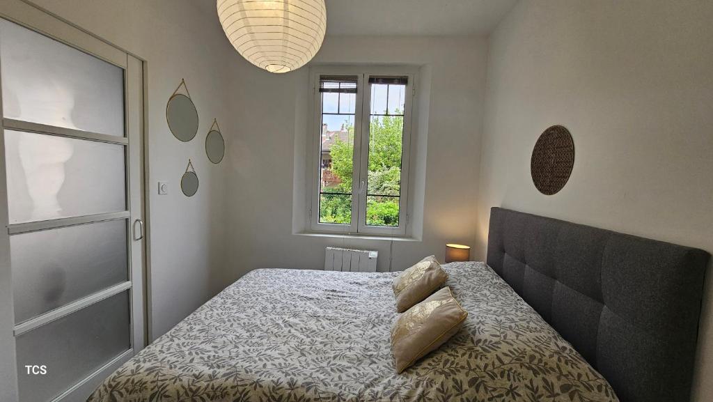 une chambre avec un lit et une fenêtre dans l'établissement La terrasse de rives, à Thonon-les-Bains