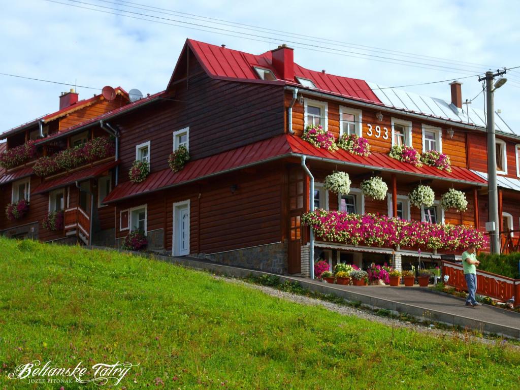 Eine Frau steht vor einem Haus mit Blumen. in der Unterkunft Penzión Blanka in Ždiar