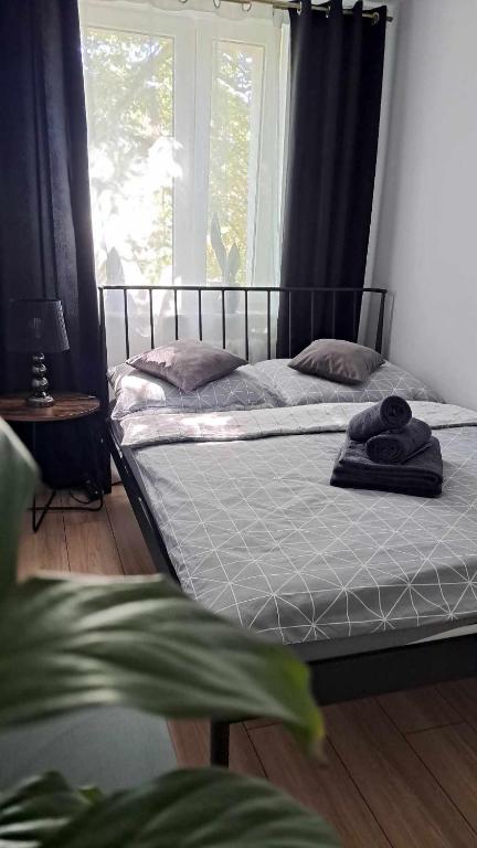 a bedroom with two beds with towels on them at APARTAMENT FLOWERS - KIELCE in Kielce