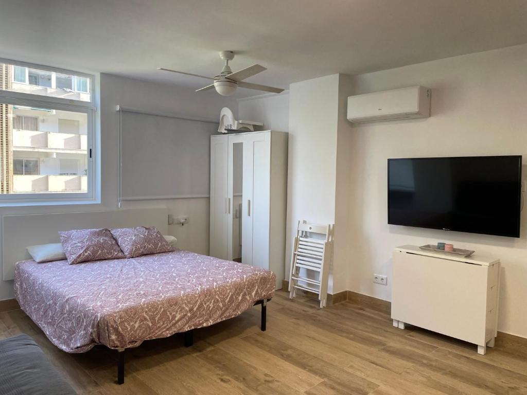 een slaapkamer met een bed en een flatscreen-tv bij Apartamento Granadella in Platja de l'Arenal