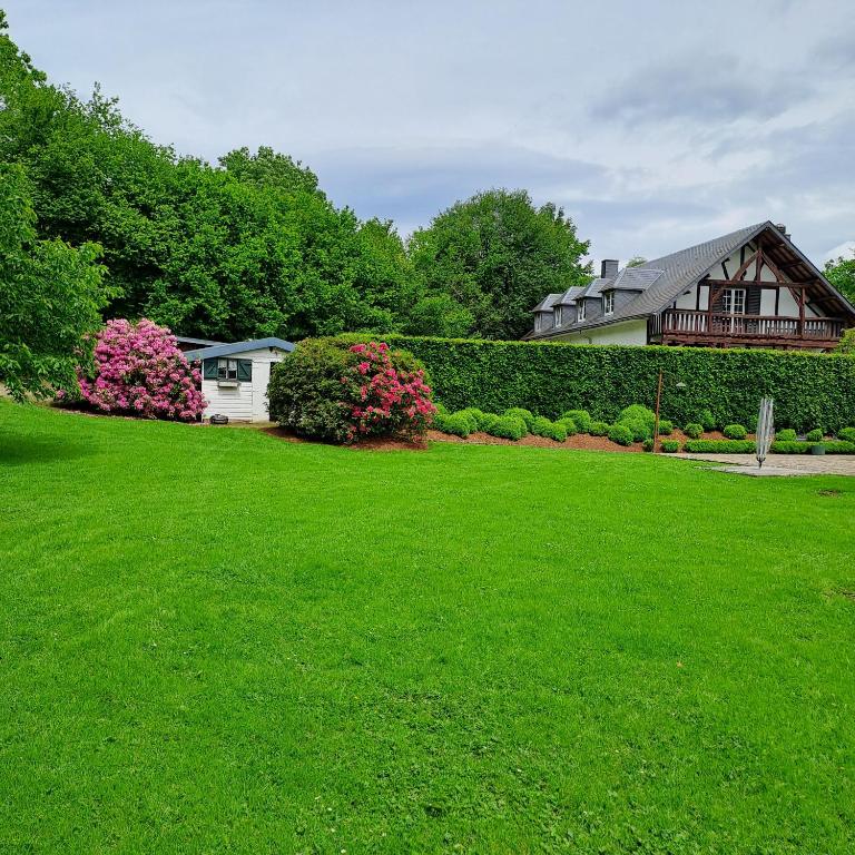a yard with a house and a green lawn at L'envie d'ailleurs in Malmedy
