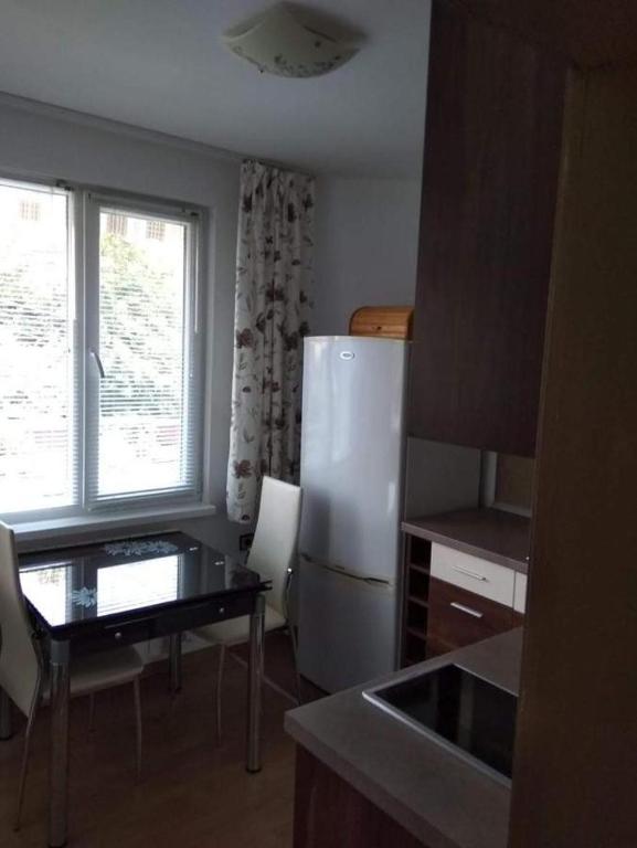 a kitchen with a refrigerator and a table and a window at ЕкоПойнт in Chernomorets