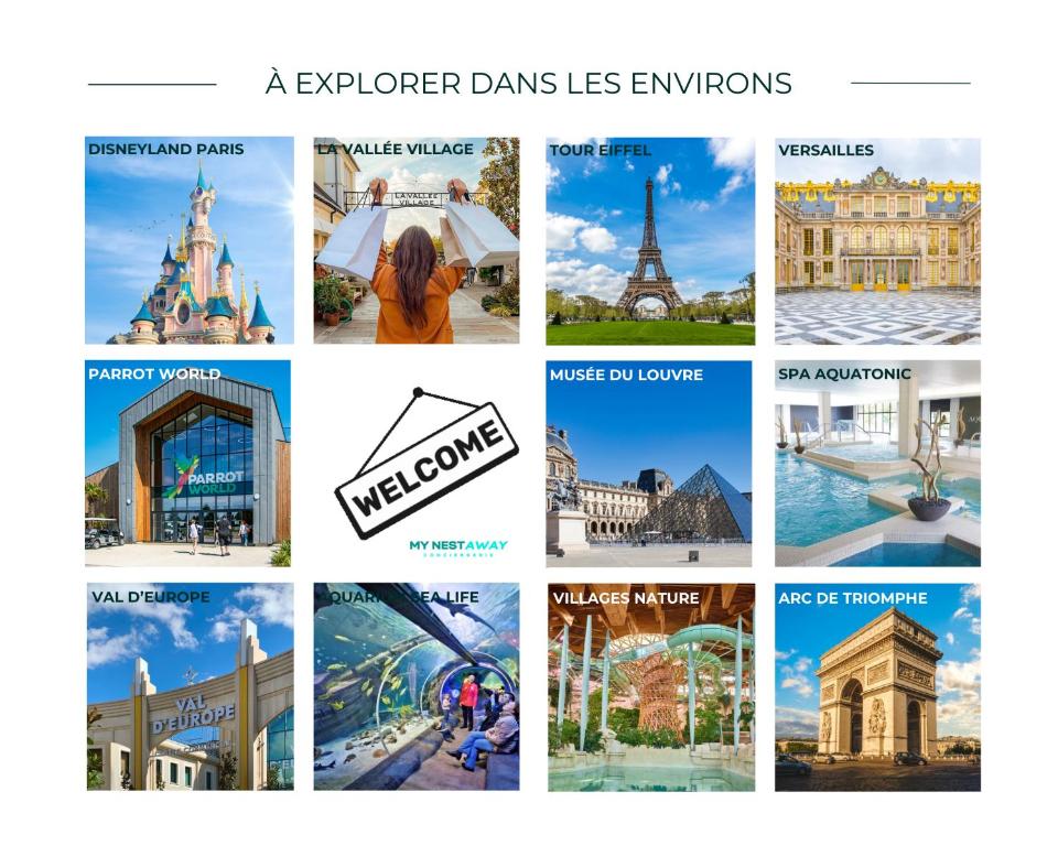 un collage de diferentes lugares de interés y monumentos en el mundo en Le Chessy Disney - Logement pour 6 à Disneyland Paris avec vue sur le feu d artifice, en Chessy