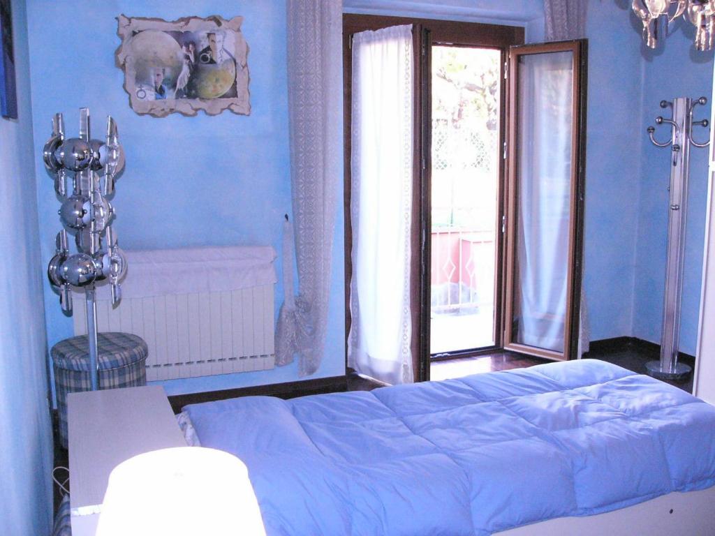 een blauwe slaapkamer met een bed en een raam bij Appartamento Via Latina in Collegno