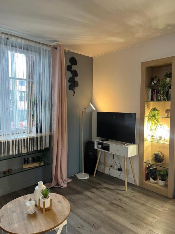 una sala de estar con un televisor y una mesa en Charmant studio, en Les Lilas