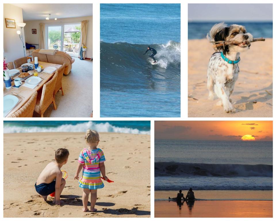 a collage of pictures of people and a dog on the beach at CROYDE PEACH COTTAGE 3 Bedrooms in Croyde
