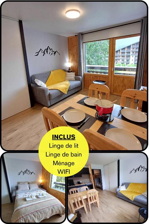 - deux photos d'une chambre avec un salon dans l'établissement Studio cosy de 23 m2 à la montagne, à Samoëns