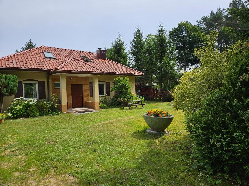 a small house with a flower pot in the yard at Kopalnia Wspomnień in Kopalino