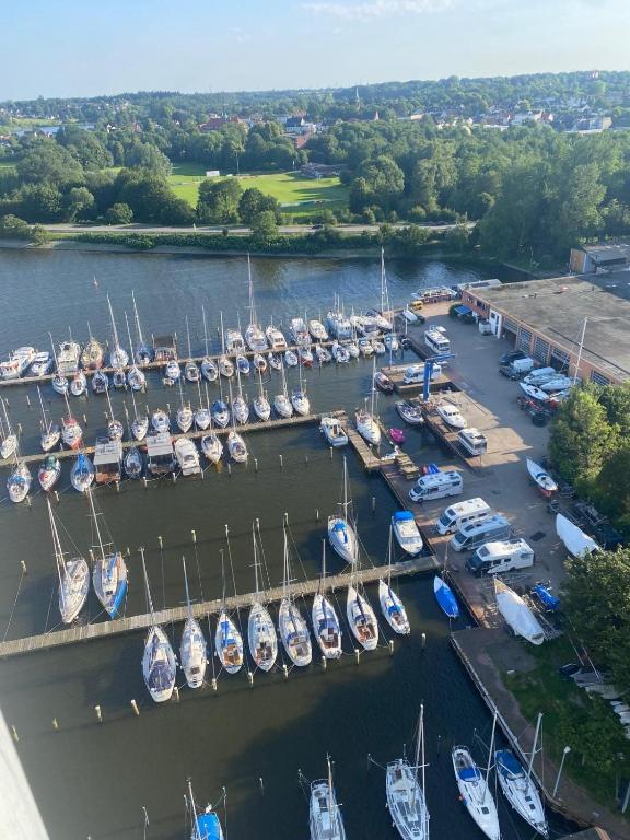 an aerial view of a marina with boats docked at Hafenblick in Schleswig