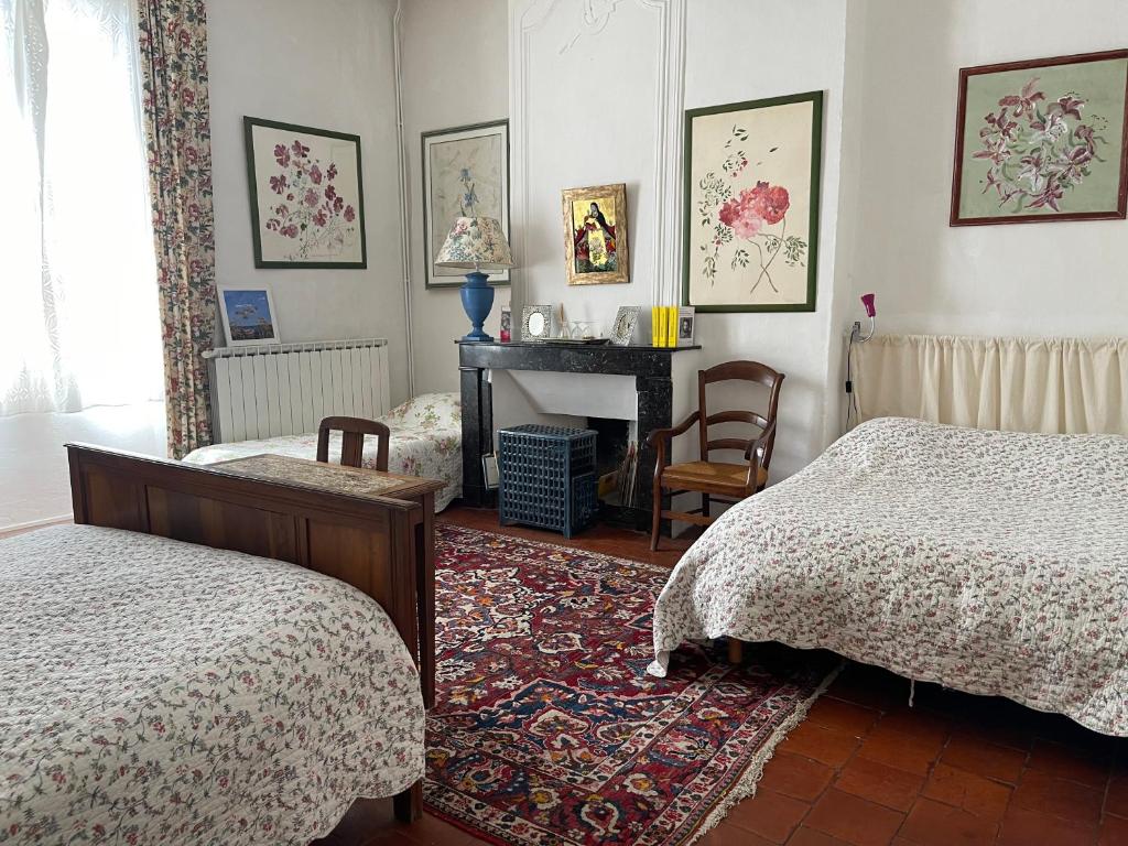 a bedroom with two beds and a table and a fireplace at Les Asphodèles in Saint-Hippolyte-du-Fort