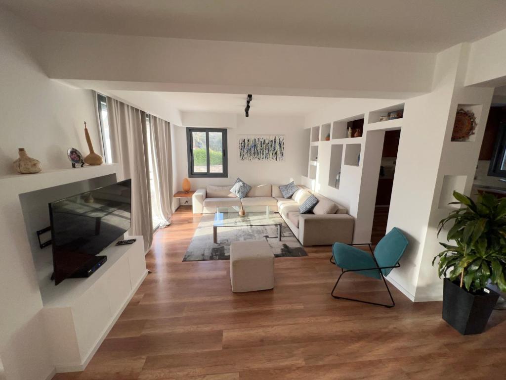 a living room with a couch and a tv at Julipapas Gardens in Paphos