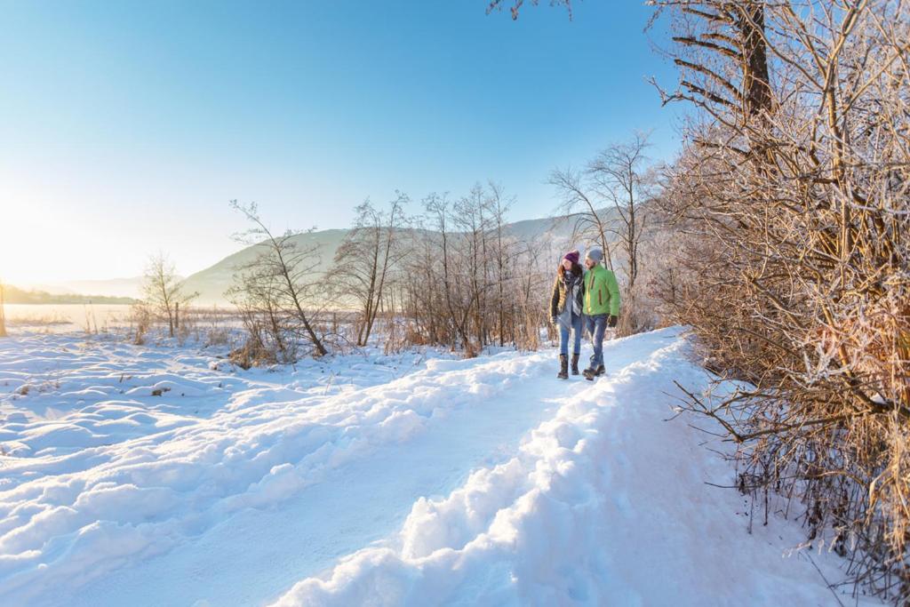 Due persone che camminano lungo un sentiero coperto di neve di Gerlitzen, Kanzelhöhe, Über den Wolken, Haus Enzian a Deutschberg