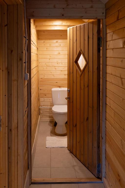 a bathroom with a toilet in a wooden room at Kalna Smīžu pirtiņa in Melturi
