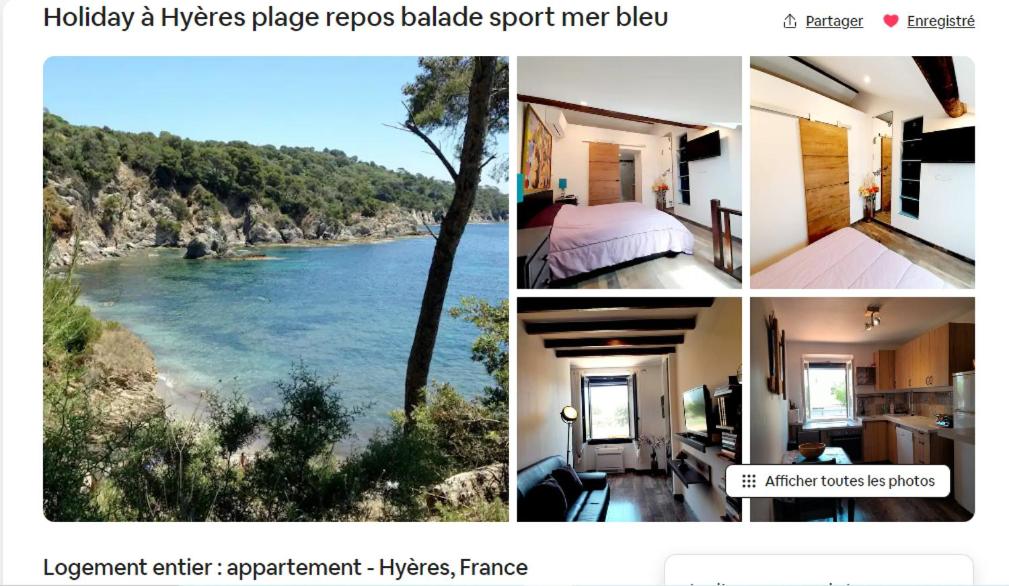un collage de photos d'un hôtel avec vue sur une rivière dans l'établissement Holiday à Hyères plage repos balade sport mer bleu, à Hyères