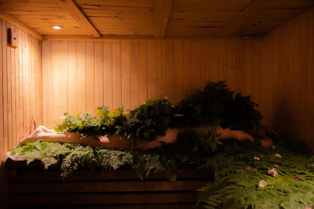 a room with a bed with plants on it at Kalna Smīžu pirtiņa in Melturi