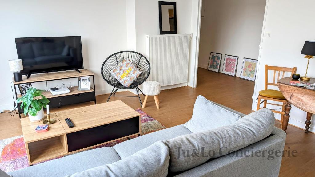 un salon avec un canapé et une télévision dans l'établissement Elégant Appartement au Coeur de Redon, à Redon