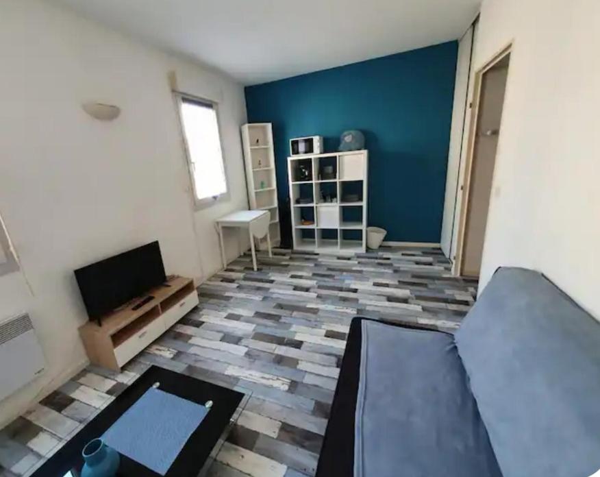 un salon avec un canapé et une télévision dans l'établissement Studio bleu festival 2025, à Avignon