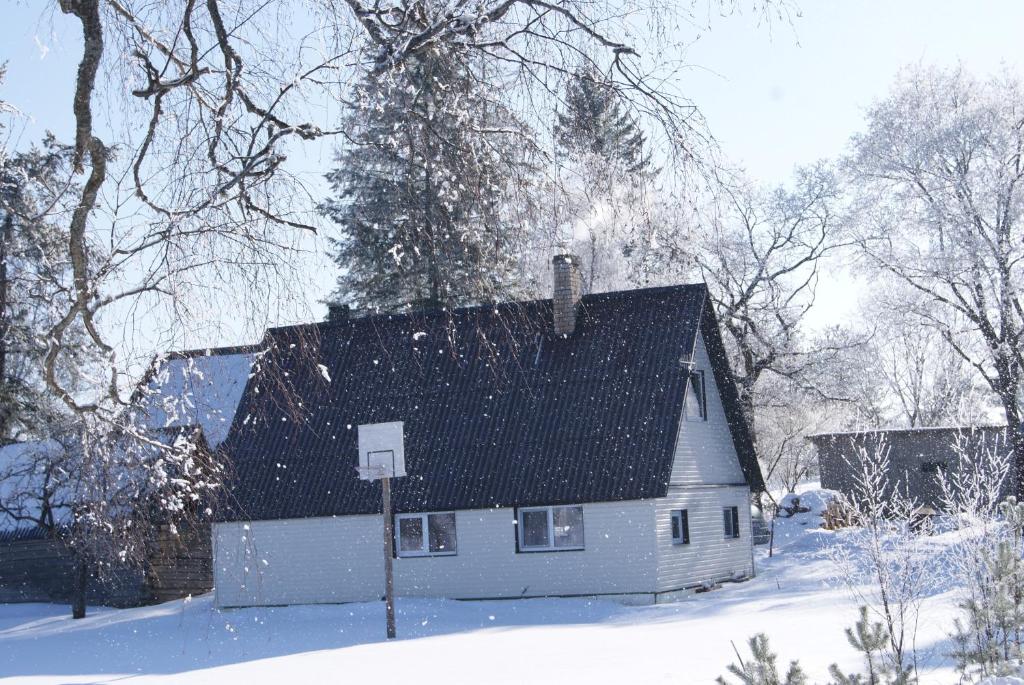 a white house with a black roof in the snow at Sepa Talu in Aakre