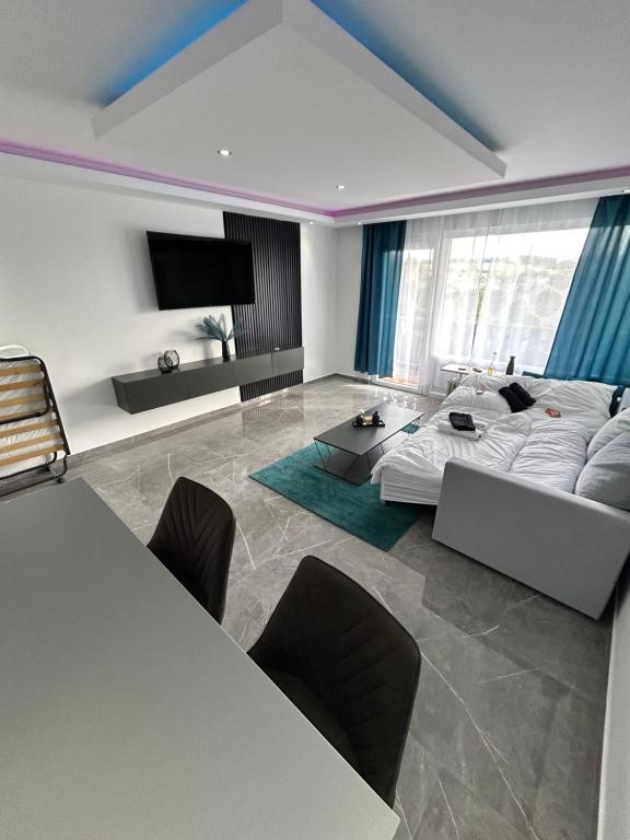 a large living room with a couch and a tv at Luxus Apartment am Dreiburgenblick in Patersberg