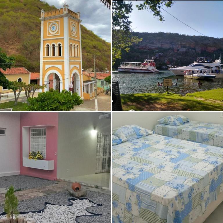 a collage of photos with a clock tower and a bed at Casa flor de Mandacaru in Piranhas