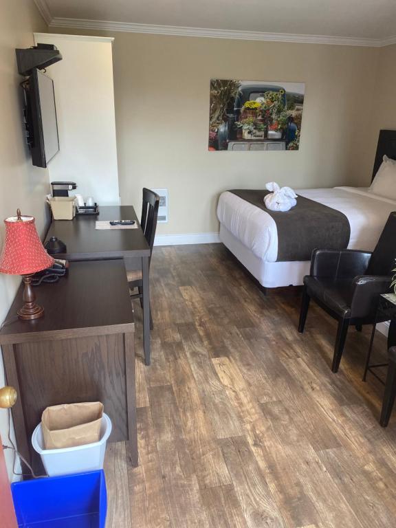 a hotel room with a bed and a desk at Sunny Isle Motel in Summerside