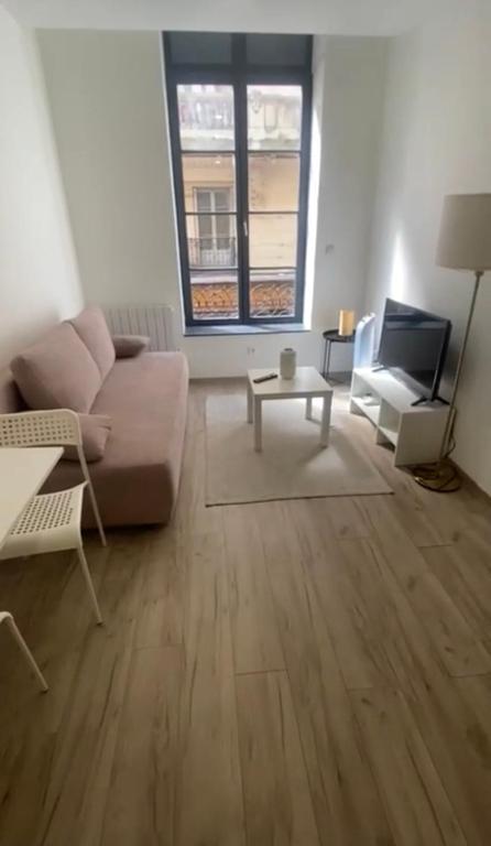 un salon avec un canapé et une table dans l'établissement Cosy City Center Suite, à Saint-Étienne