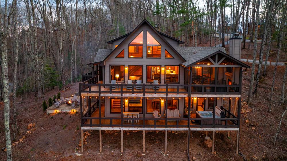 an overhead view of a house in the woods at The Perfect Landing in Cherry Log