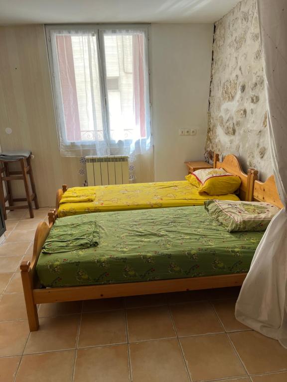 une chambre avec deux lits et une fenêtre dans l'établissement Loft en pierres apparentes, à Coursan