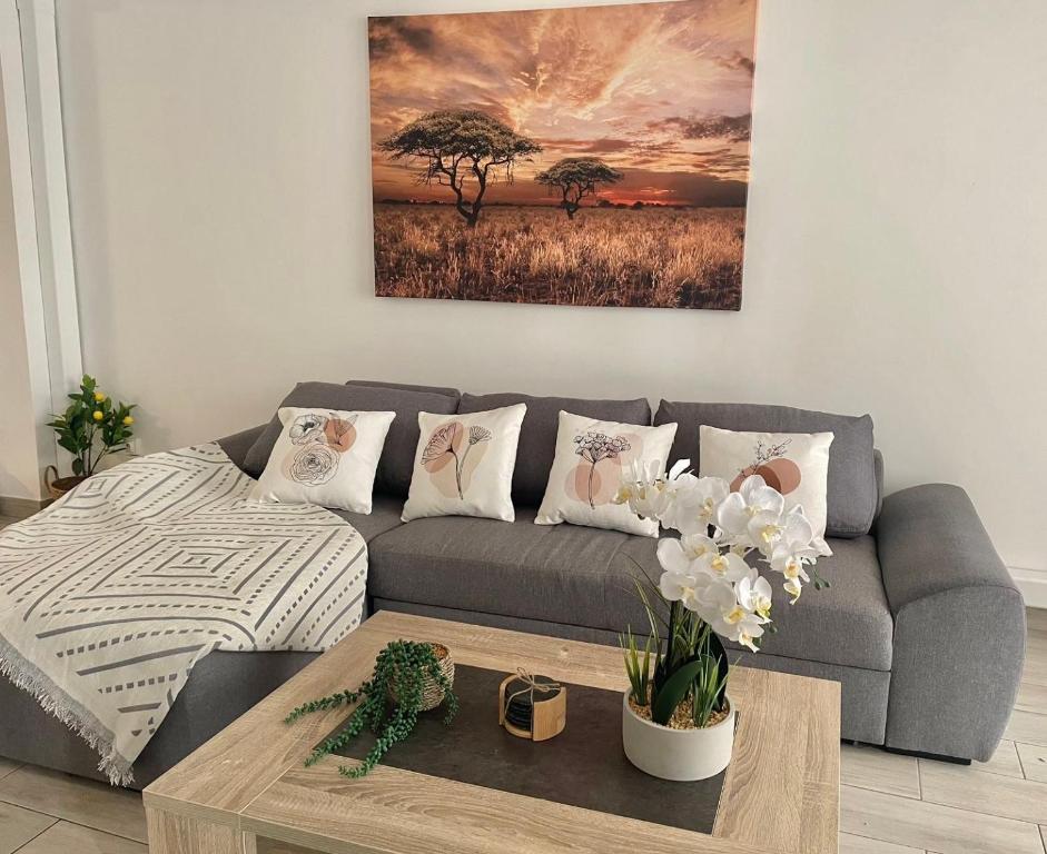 un salon avec un canapé et une table dans l'établissement Appartement 105m2 intramuros centre ville Avignon, à Avignon