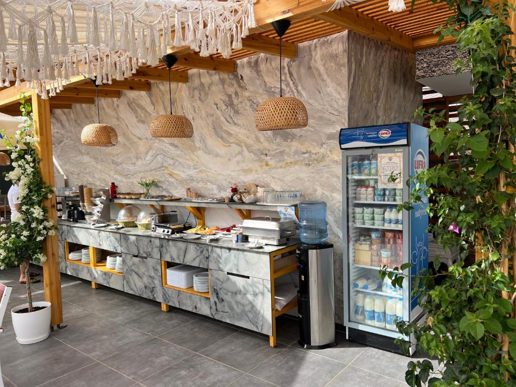 a kitchen with a counter with a refrigerator at Ilio Boutique Hotel in Ksamil