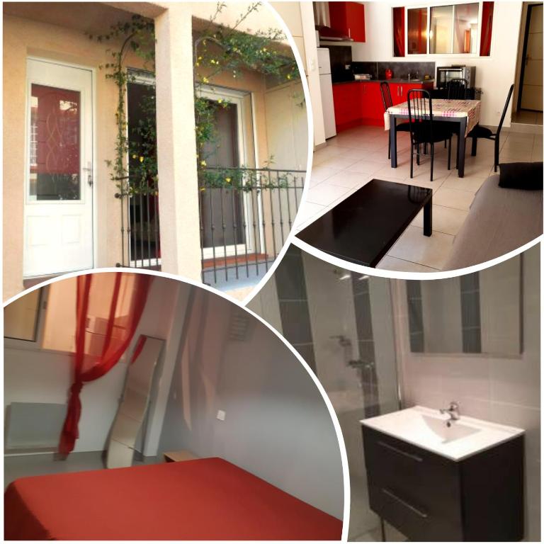 un collage de quatre photos d'une cuisine et d'une salle de bains dans l'établissement Joli appartement St Cyprien Village, à Saint-Cyprien