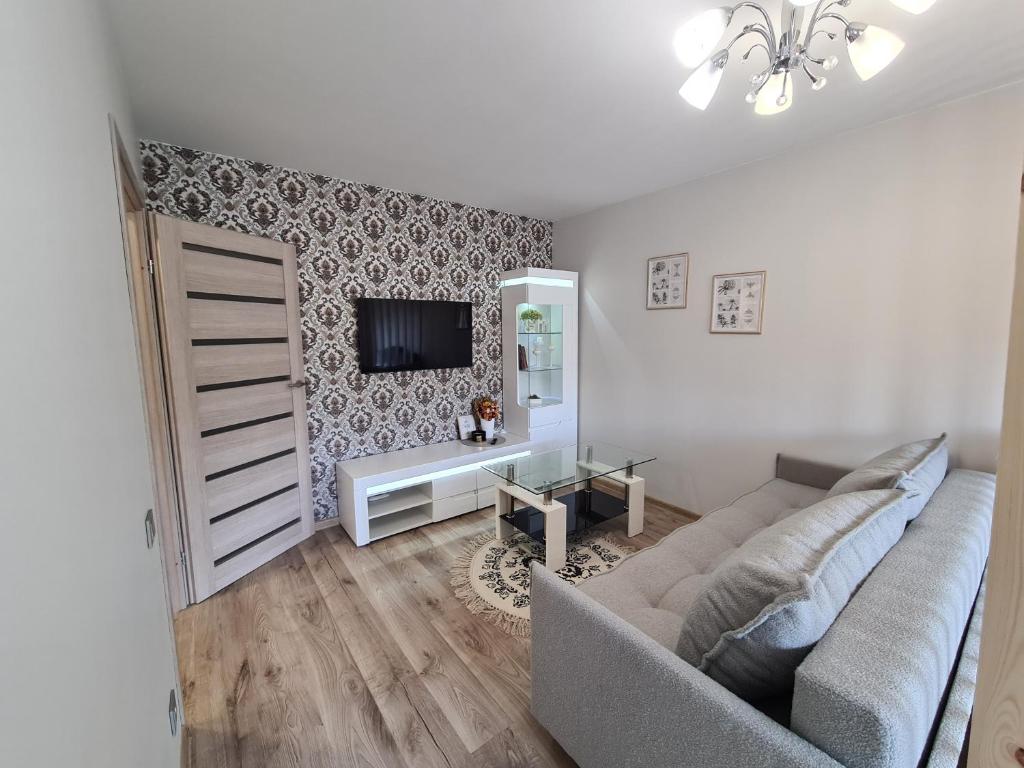 un soggiorno con un divano e una TV a parete di Butterfly apartment a Šiauliai