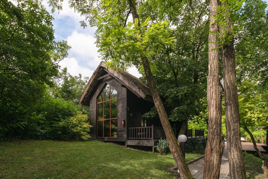 a small cabin in the middle of a yard with trees at Tree House Relax Park in Chişinău