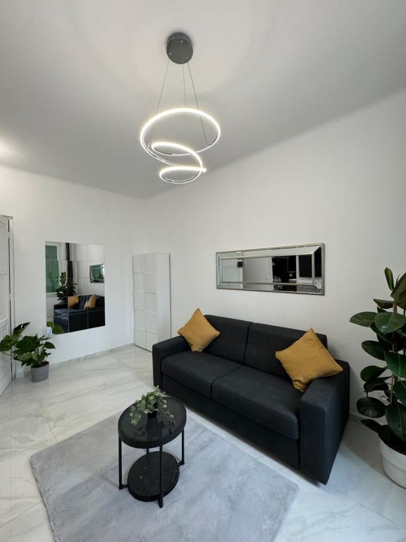 un salon avec un canapé noir et une table dans l'établissement Newly refurbished studio, à Nice