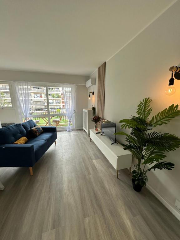 un salon avec un canapé bleu et une plante dans l'établissement CENTRE CANNES - BEL APPARTEMENT LUMINEUx, à Cannes