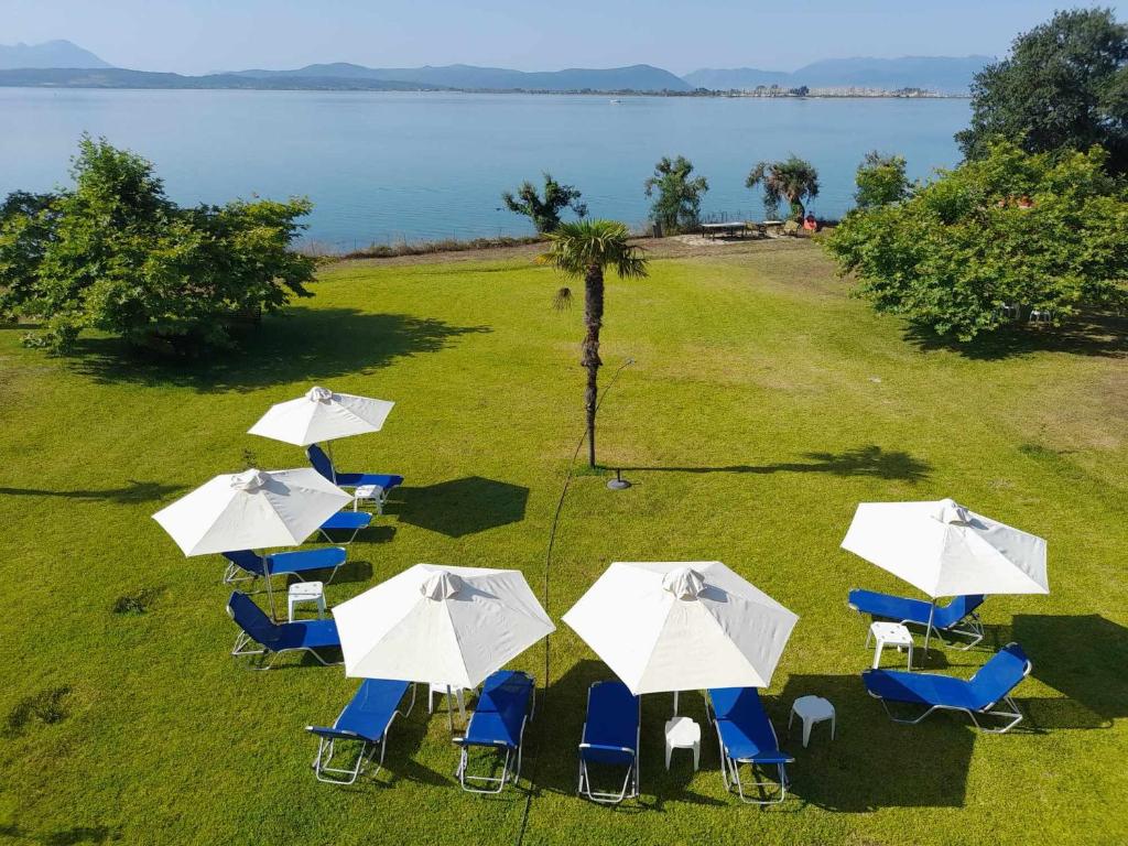 an overhead view of a group of chairs and umbrellas at Villa Alba in Preveza