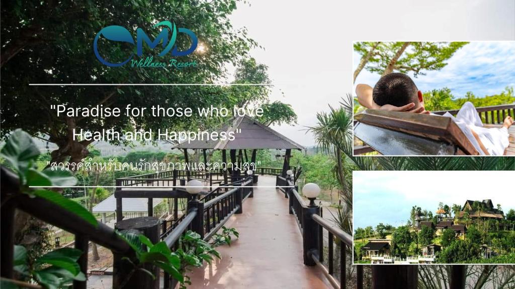un collage di foto con un uomo seduto su una panchina di OMD Wellness Resort at Bungasari a Ban Sap Bon